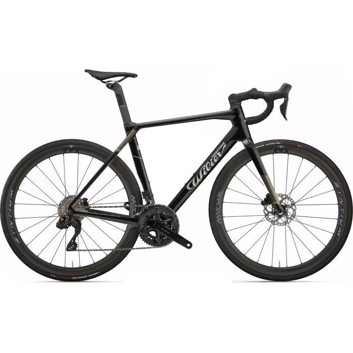 Wilier Granturismo SL 105 Di2 road bike in sleek black, featuring a lightweight carbon frame, aerodynamic design, disc brakes, and Shimano 105 Di2 electronic shifting, size L.