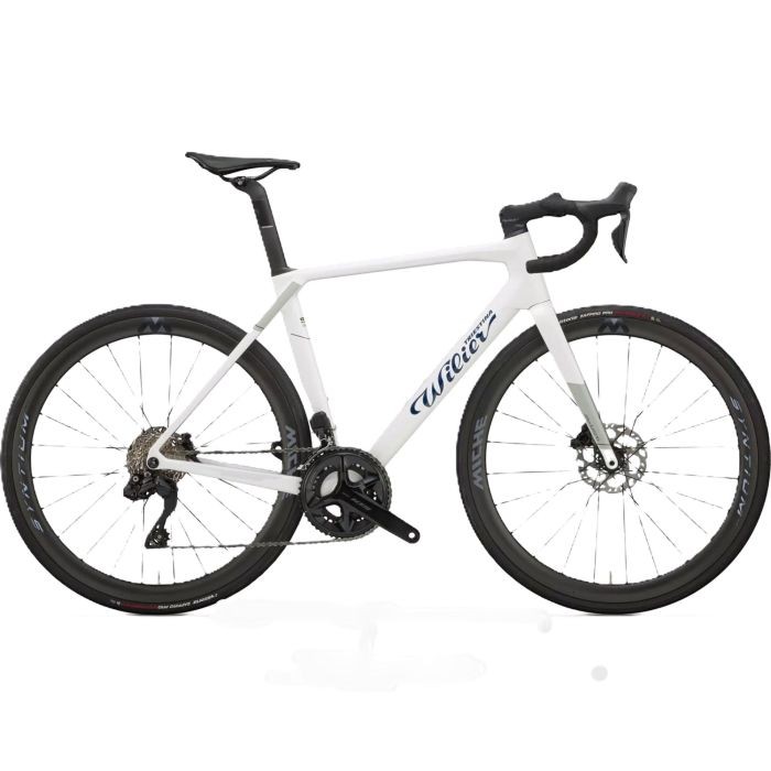 White Wilier Granturismo SL 105 Di2 road bike with a sleek frame, drop handlebars, Shimano 105 Di2 components, and black wheels, size small, designed for performance and style.