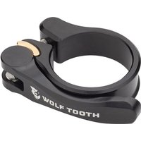 Black Wolf Tooth Quick Release Seatpost Clamp with logo, lever, and gold accent screw.