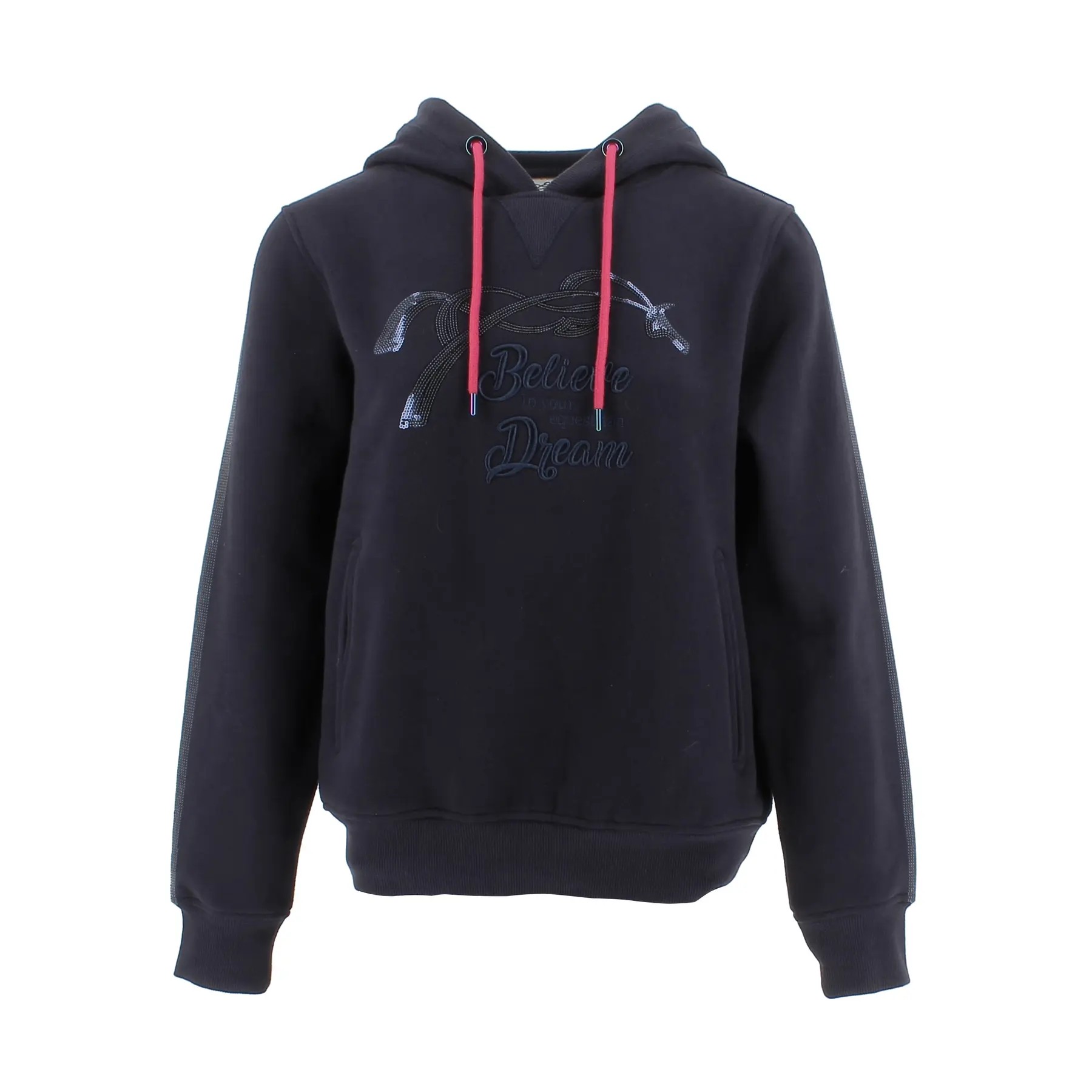 Navy women's riding hoodie with a drawstring hood, featuring a horse embroidery and the text "Believe Dream," complemented by red accents on the drawstrings and pockets.