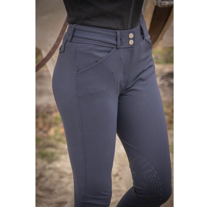 Navy blue women's riding trousers by Pénélope, featuring a sleek design, high waist, two front pockets, and subtle logo detailing on the side.