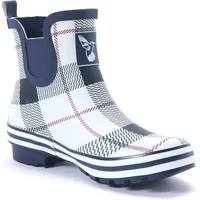 Plaid Evercreatures St George women's rubber rain boots with navy accents and pull tab.