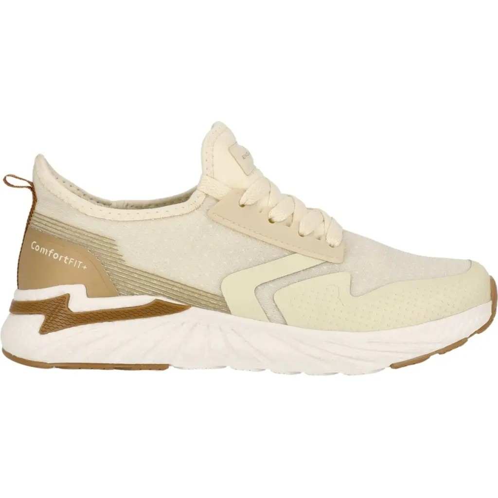 Light lavender women's trainers featuring a breathable mesh upper, textured detailing, and a cushioned white sole with gold accents for added style.