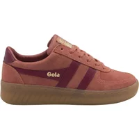 Women's Gola Grandslam suede trainers in rust with maroon stripes and gum sole.