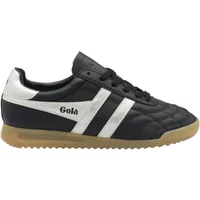 Black and white Gola Stadium women's trainers with quilted texture and gum sole.