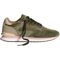 Olive green suede women's trainers with pink accents, black laces, and white sole by Hoff City Los Angeles.