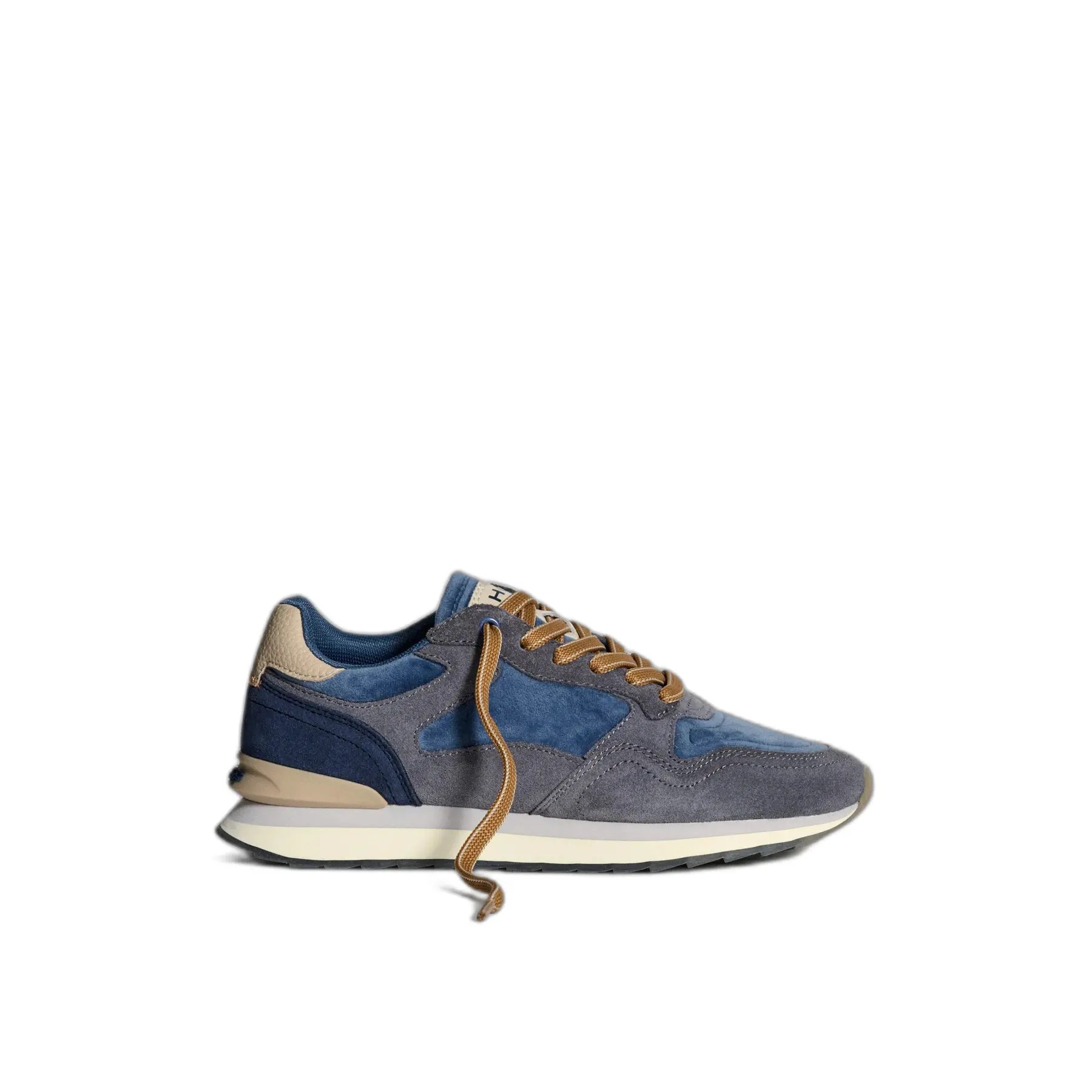 Blue and grey suede women's trainers with a beige accent, featuring a textured upper, round toe, and contrasting laces for a stylish, sporty look.