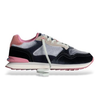 Women's Hoff Sapphire trainers featuring a mix of navy and light grey suede, pink accents, a chunky white sole, and a classic lace-up design.