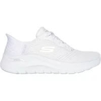 White Skechers Arch Fit 2.0 Slip-Ins women's trainers with mesh upper, slip-on design, and cushioned sole.