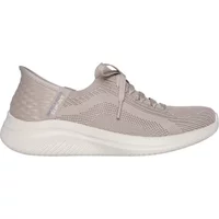 Beige Skechers Ultra Flex 3.0 Brilliant women's trainers with knit mesh upper and white flexible sole.