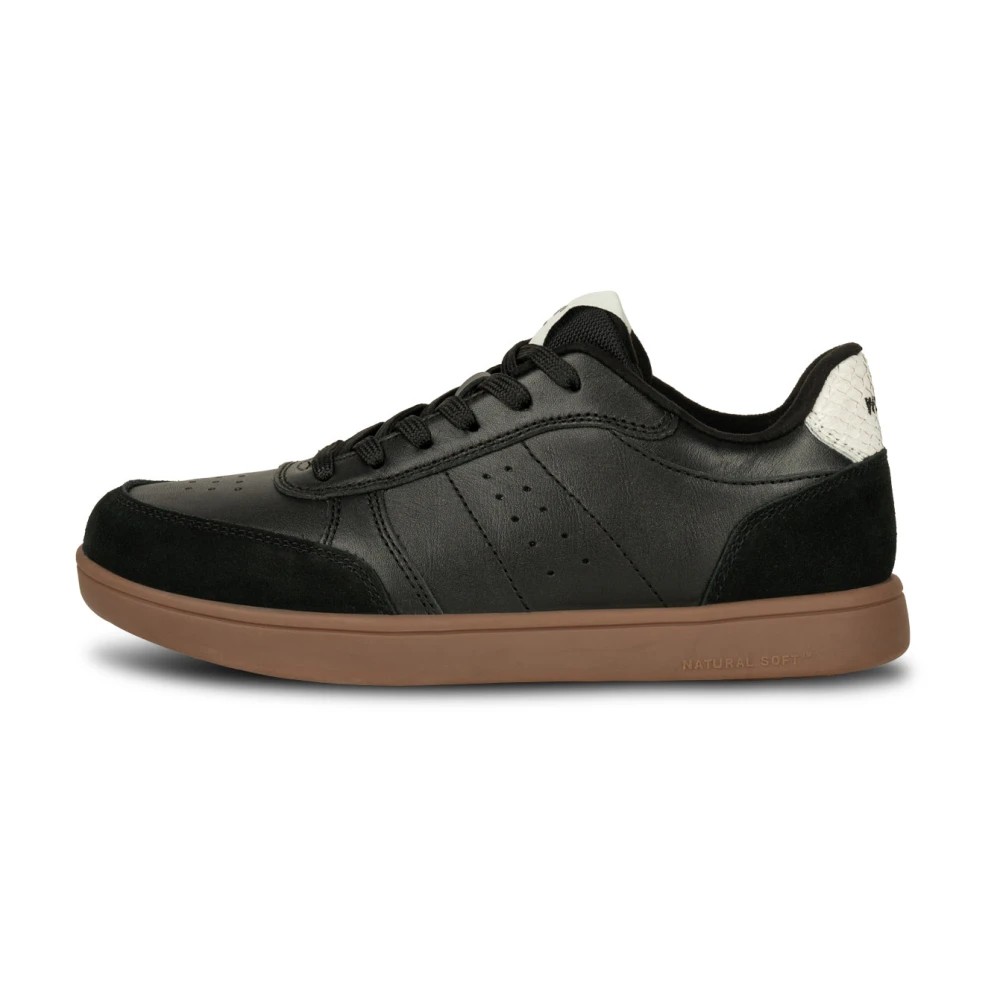 Black leather and suede women's trainers with a brown rubber sole, featuring perforated detailing and a textured heel tab.