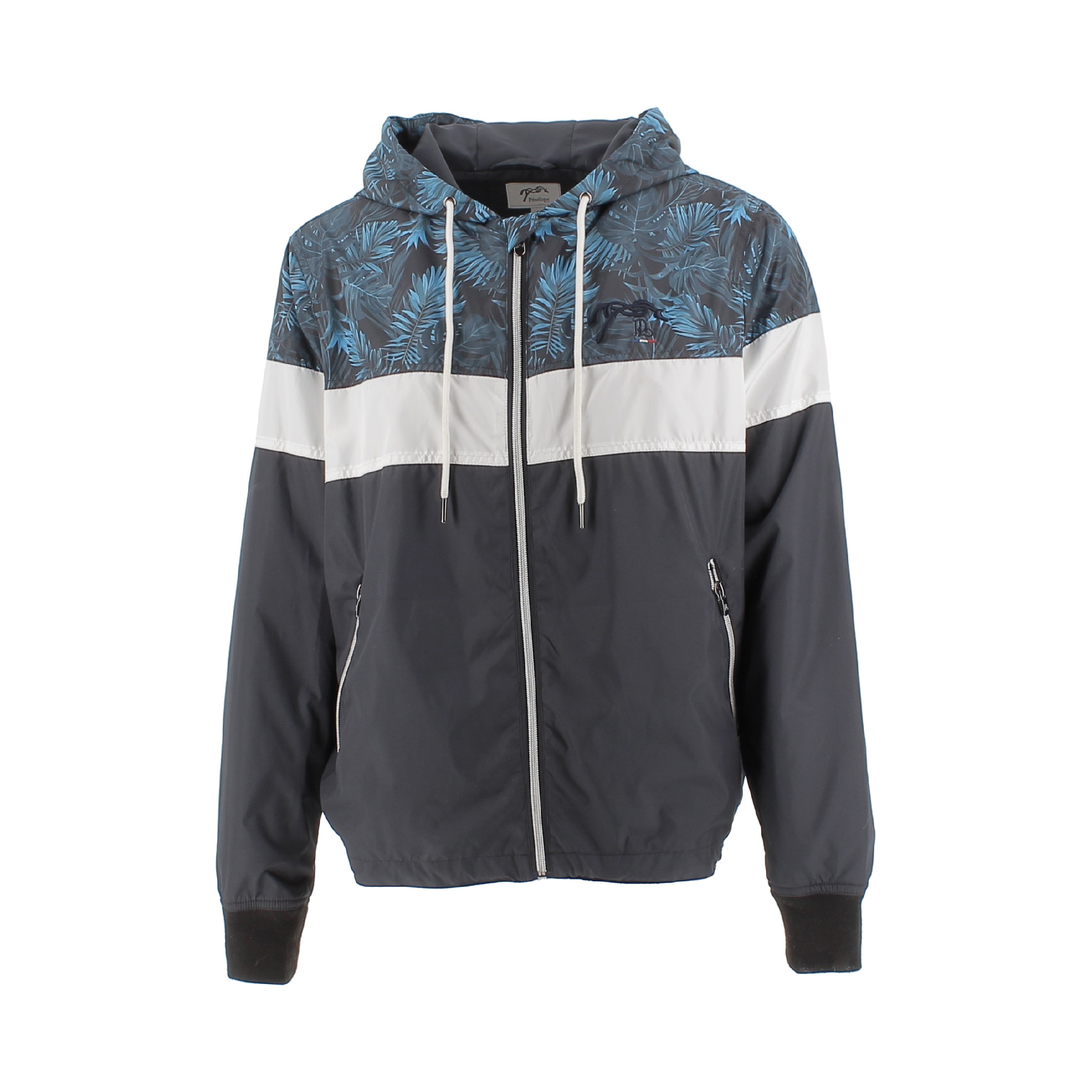 Women's waterproof jacket in navy with a tropical print on the hood and shoulders, featuring a white stripe, zip closure, and elastic cuffs.