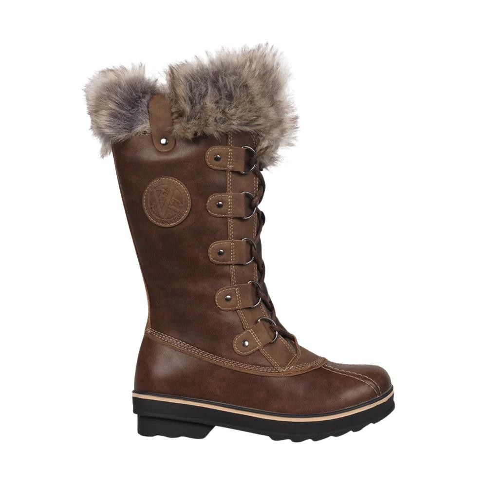 Brown leather women's winter boots with faux fur trim, lace-up front, and a sturdy rubber sole, designed for warmth and style in cold weather.