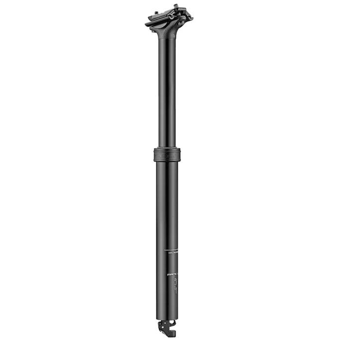 X-Fusion Manic LC Dropper Seatpost in sleek black, featuring a 30.9mm diameter and 150mm travel, made from durable aluminum with a smooth finish and adjustable height mechanism.