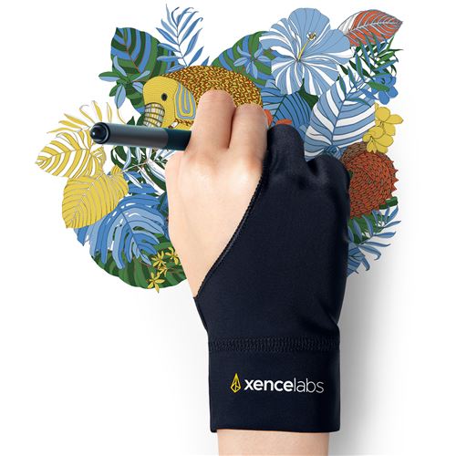 Black, small Xencelabs glove made of stretchy material, featuring an open fingertip design, worn on a hand holding a stylus, with a colorful floral background.