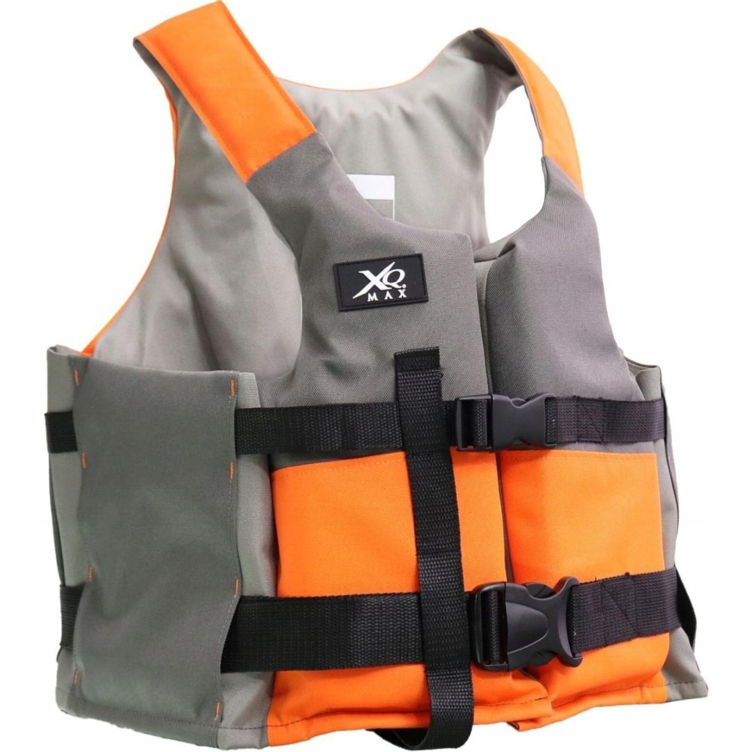 Orange and gray kayak safety vest featuring adjustable black straps, a front buckle closure, and a logo patch, designed for comfort and visibility on the water.