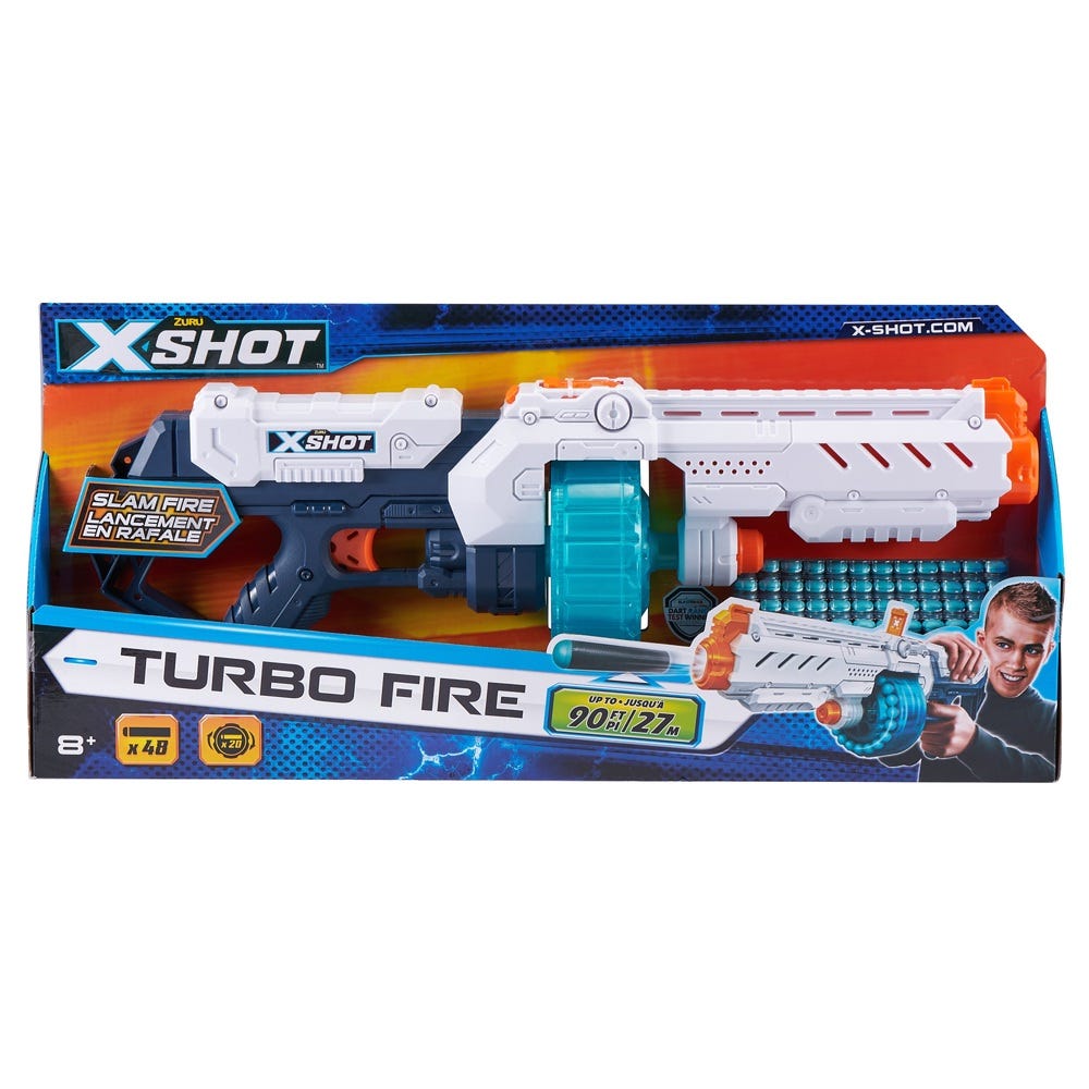 Brightly colored foam blaster in blue, white, and orange, featuring a large barrel, a slam fire mechanism, and a clear ammo chamber, packaged with 48 foam darts.
