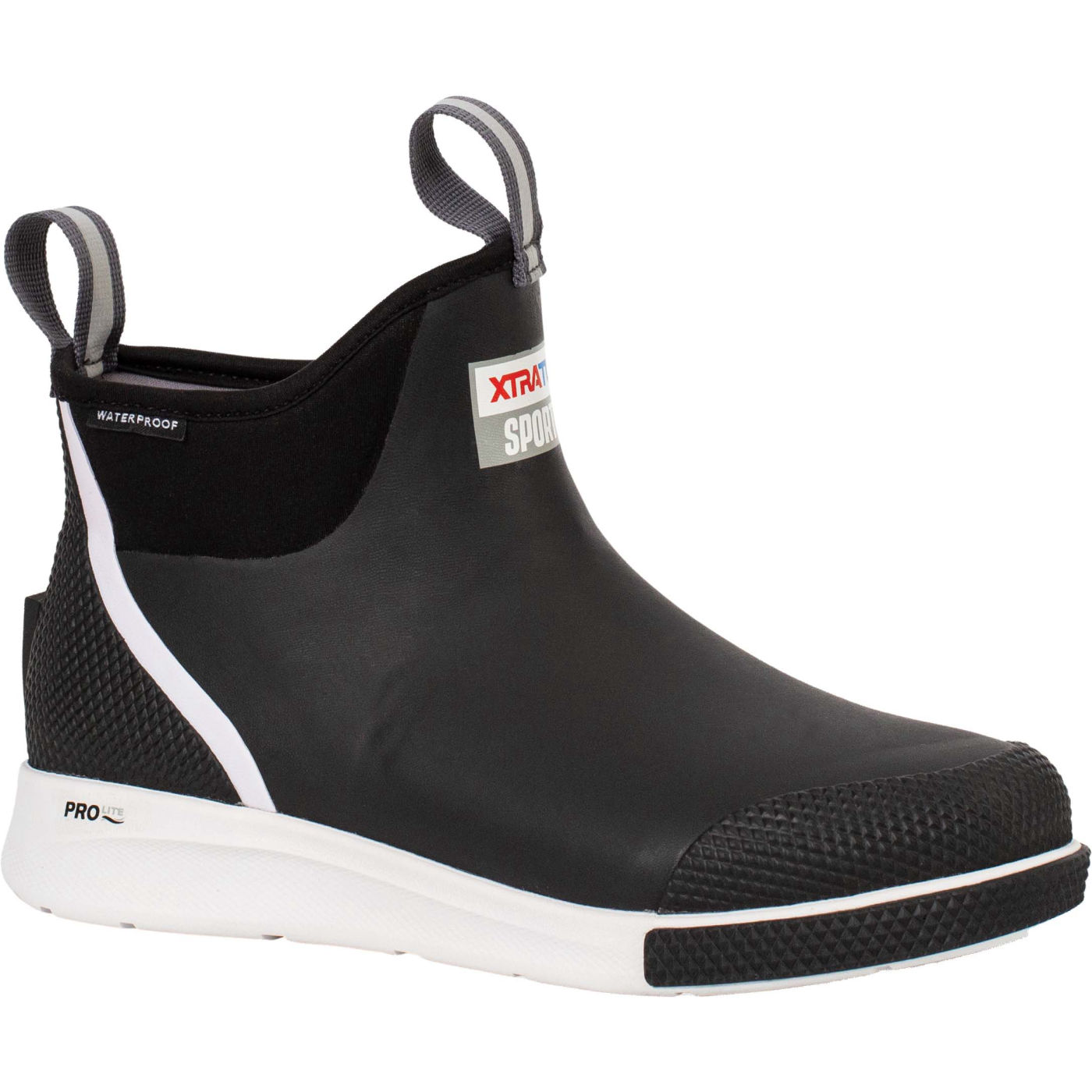 Black waterproof ankle sport deck boots with a textured rubber sole, featuring a pull tab and white accents, designed for outdoor activities.
