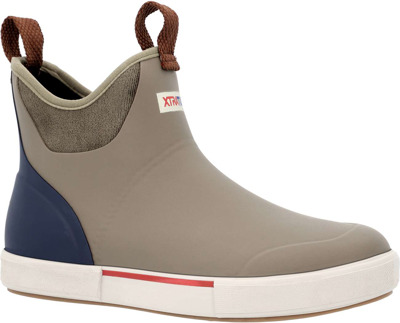 Men's ankle deck vintage boot in taupe with navy accents, made from waterproof material, featuring a slip-on design and a textured pull tab for easy wear.