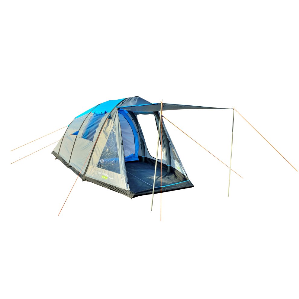 Yellowstone Wingfoot 4 Person Air Tent in blue and grey, featuring a spacious design, large entrance, and multiple guy lines for stability.