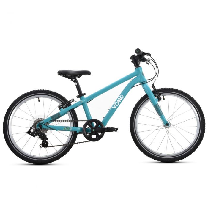 Turquoise YOMO 20" kids bike featuring a lightweight frame, black seat, and knobby tires, designed for young riders with a smooth gear system and adjustable handlebars.