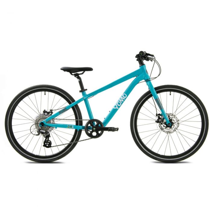Turquoise YOMO 24" kids bike featuring a lightweight frame, black handlebars, disc brakes, and knobby tires for off-road riding.