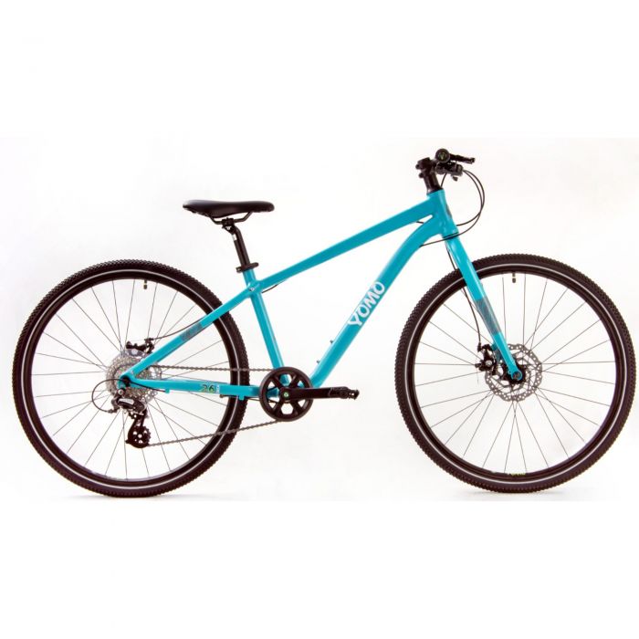Turquoise YOMO 26" kids bike featuring a lightweight frame, black tires, disc brakes, and a comfortable saddle, designed for young riders.