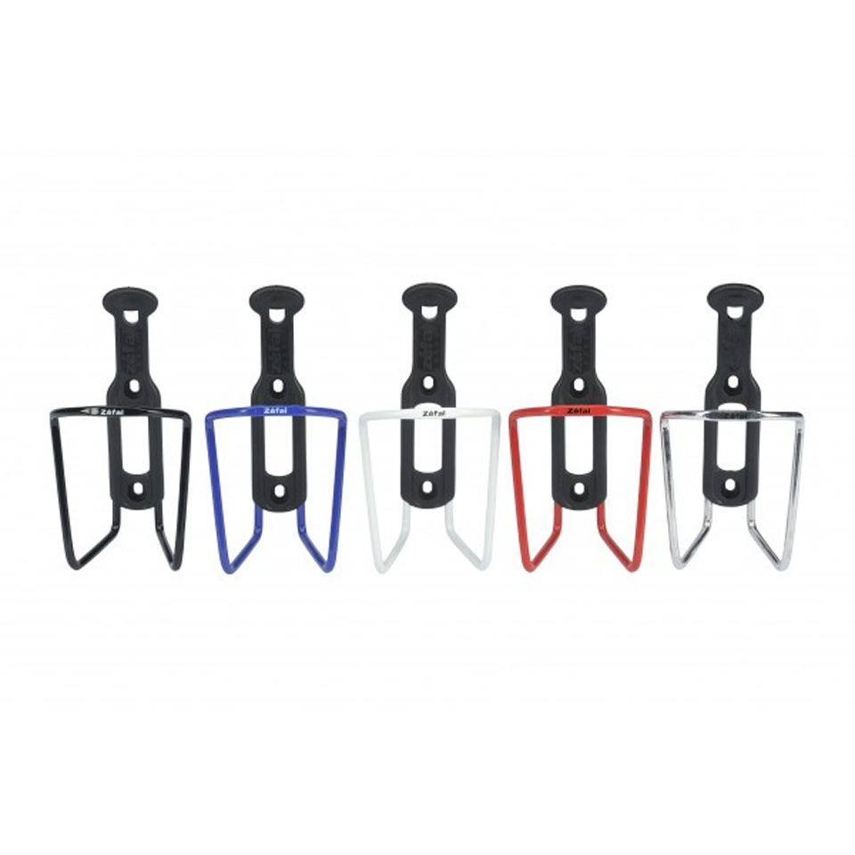Red Zefal Aluplast 124 bottle cage made of lightweight plastic, featuring a sleek design and sturdy construction, alongside blue, black, and silver options.