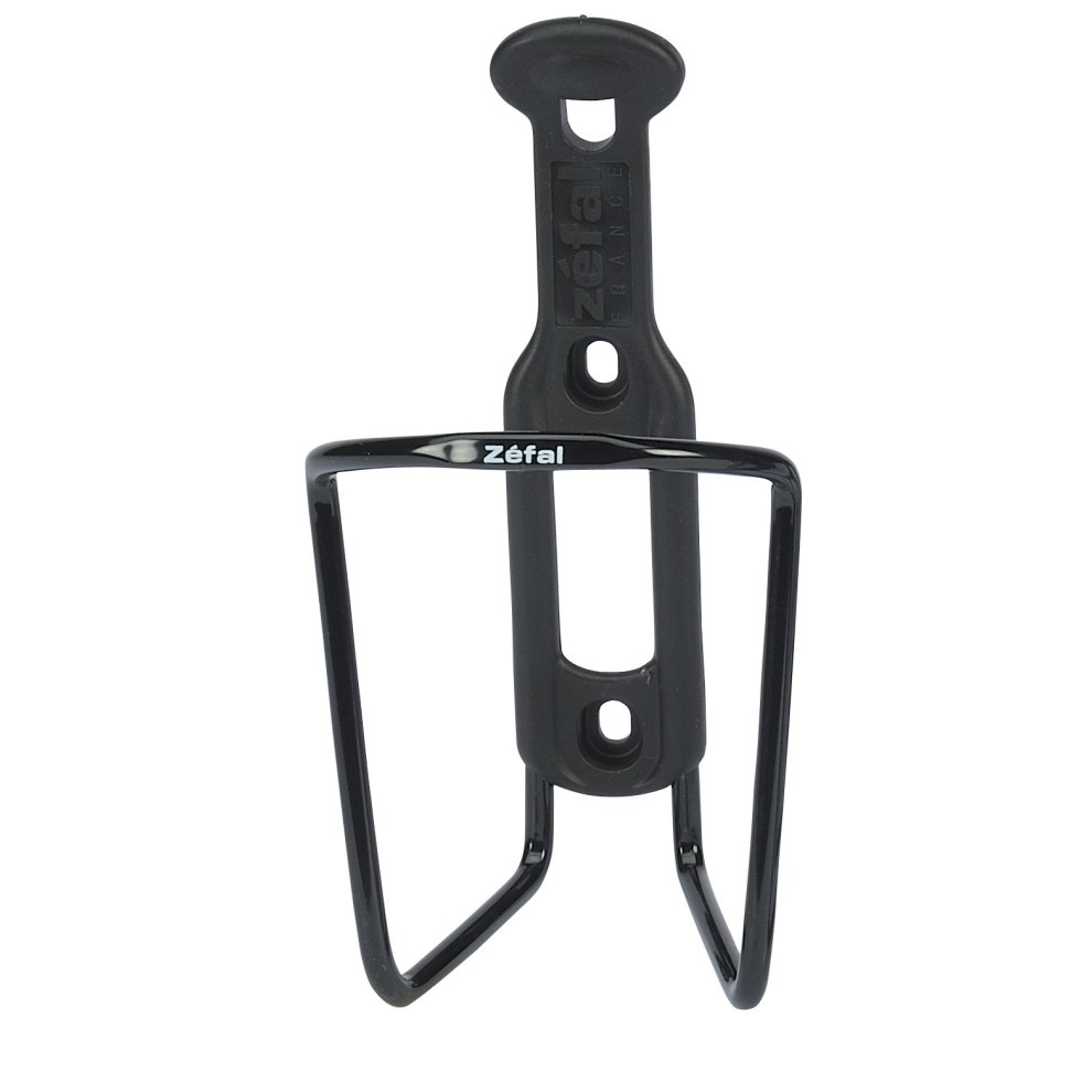 Black Zefal Aluplast 124 bottle cage made of lightweight plastic, featuring a sleek design with a prominent logo and two side openings for secure bottle placement.