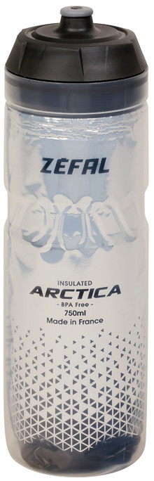 Silver and black Zefal Arctica 750ml bottle with a textured grip, featuring a black screw-on cap, insulated design, and geometric pattern on the lower half.