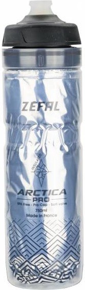 Silver and black Zefal Arctica Pro 750ml bottle featuring a sleek design, a textured grip, and a sun valve cap, ideal for cycling and outdoor activities.