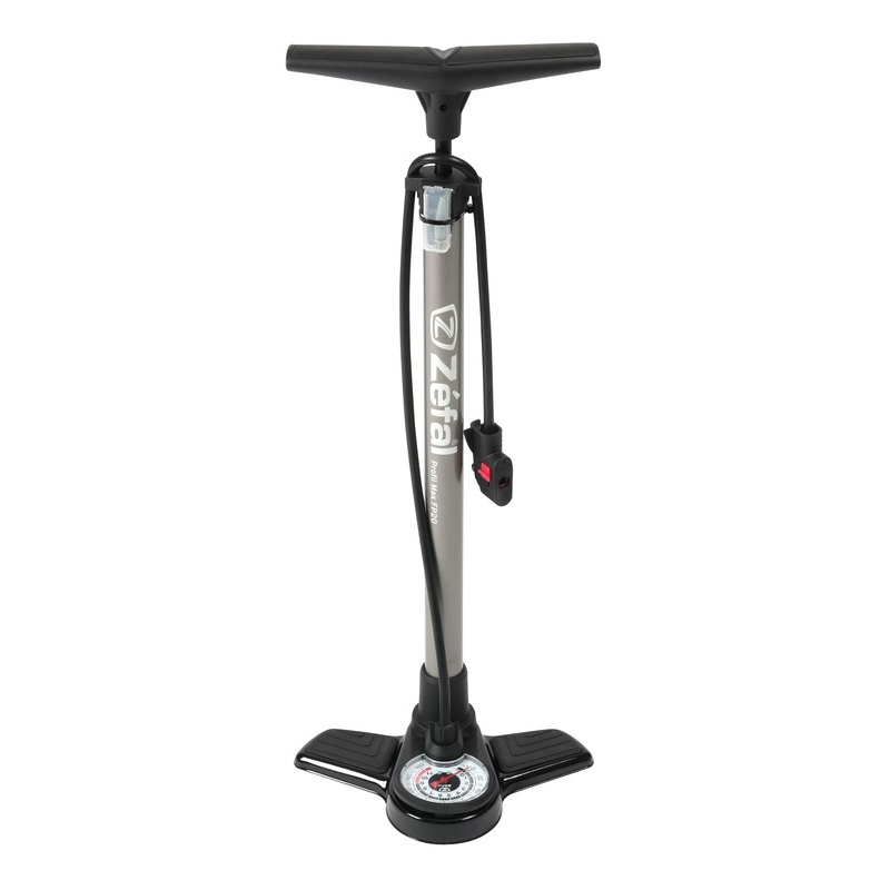 Zefal Profil Max FP20 floor pump features a silver metal body, black plastic handle, and base, with a pressure gauge and a flexible hose for easy tire inflation.