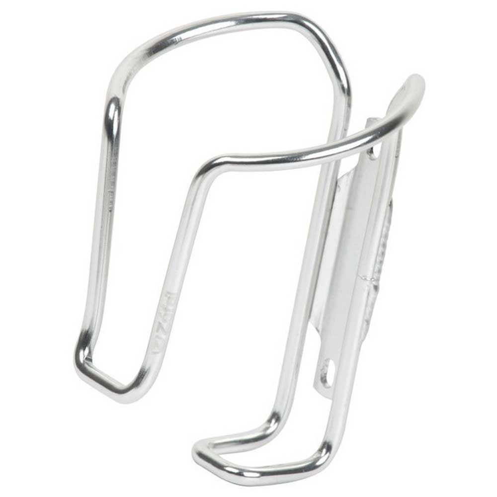 Silver aluminium bicycle drink bottle cage with a sleek, minimalist design, measuring 20cm, featuring a sturdy frame for secure bottle holding.