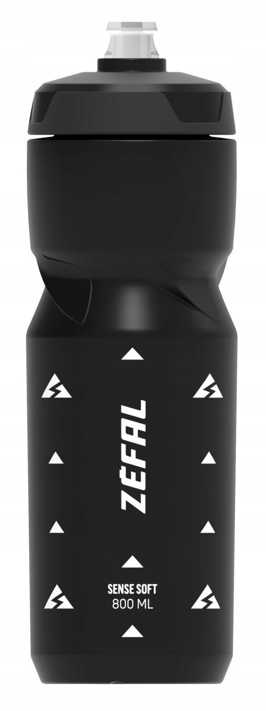 Black Zefal Sense Soft 800ml bike water bottle featuring a squeezable design, ergonomic shape, and prominent white Zefal logo with geometric accents.