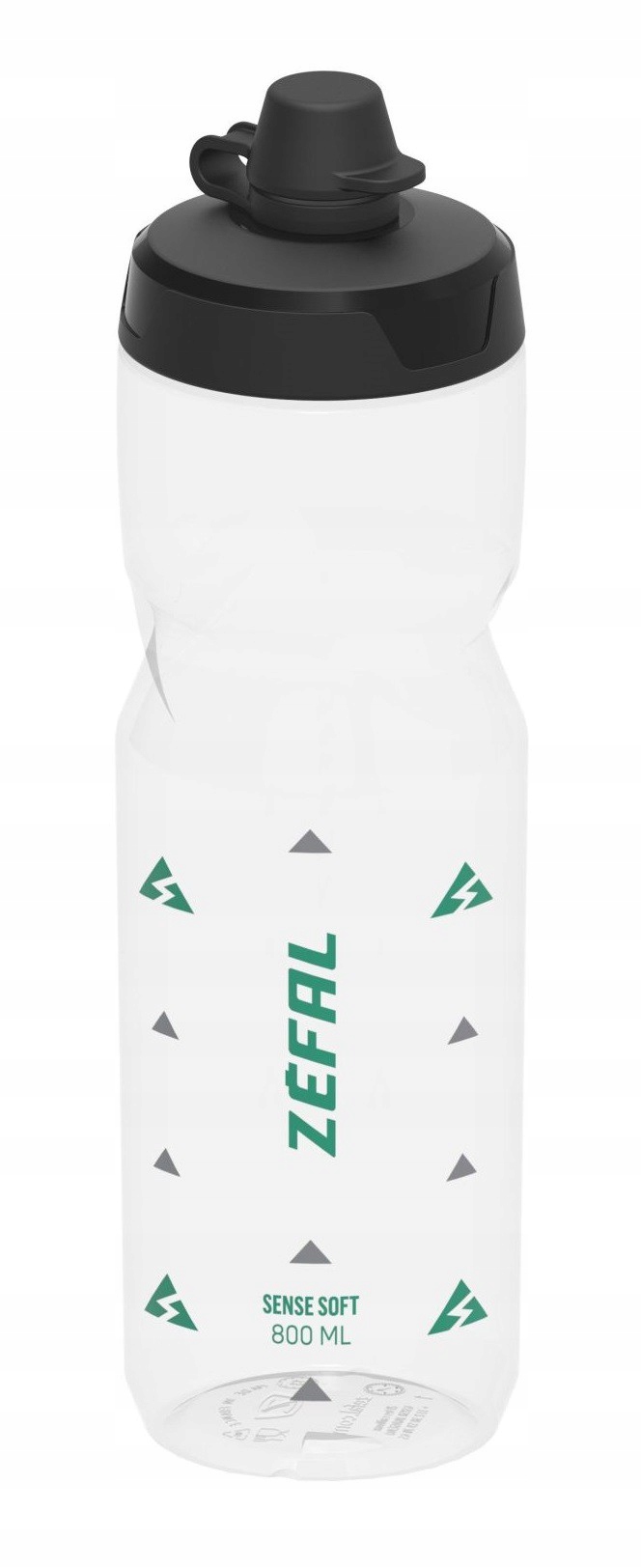 Translucent 800 ml Zefal Sense Soft water bottle featuring a black flip-top cap, green logo, and measurement markings along the side for easy hydration tracking.