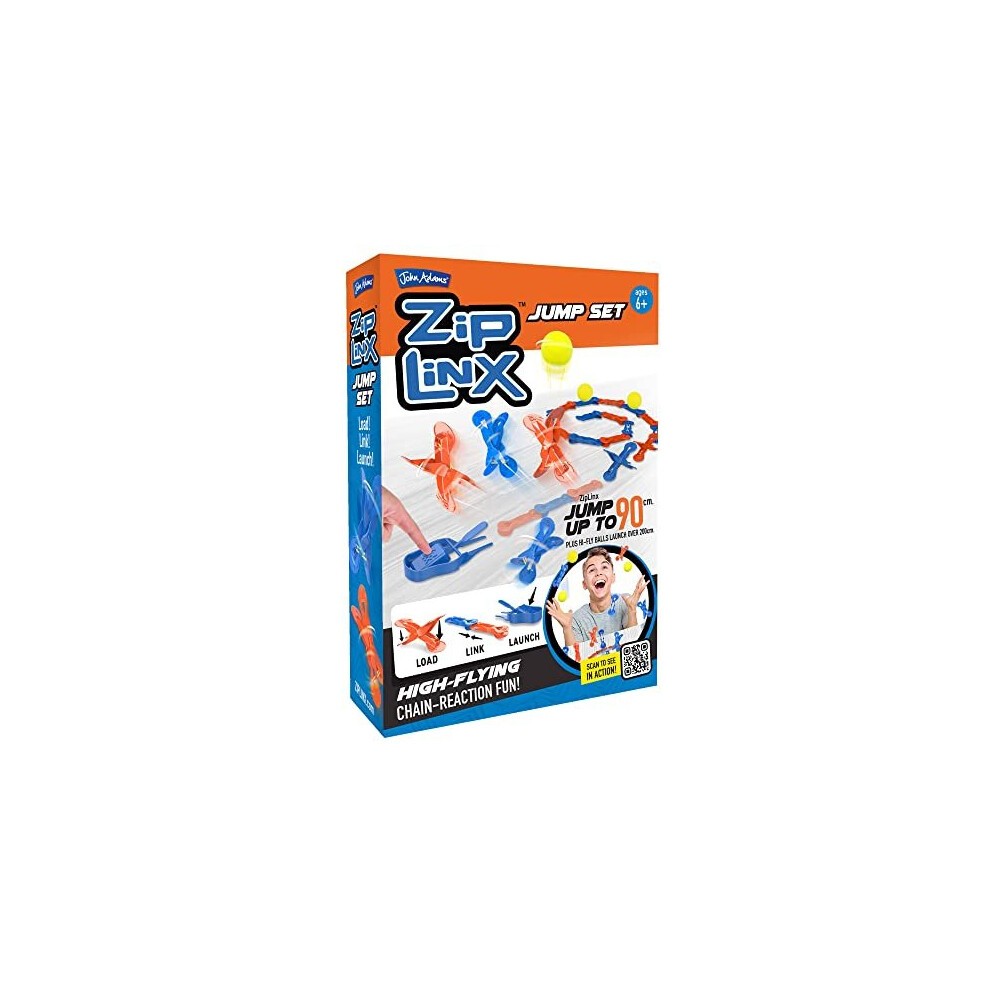 Colorful ZipLinx Jump Set Game box featuring blue and orange figures, a launch mechanism, and a child playing, emphasizing chain-reaction fun with a maximum jump height of 90 inches.