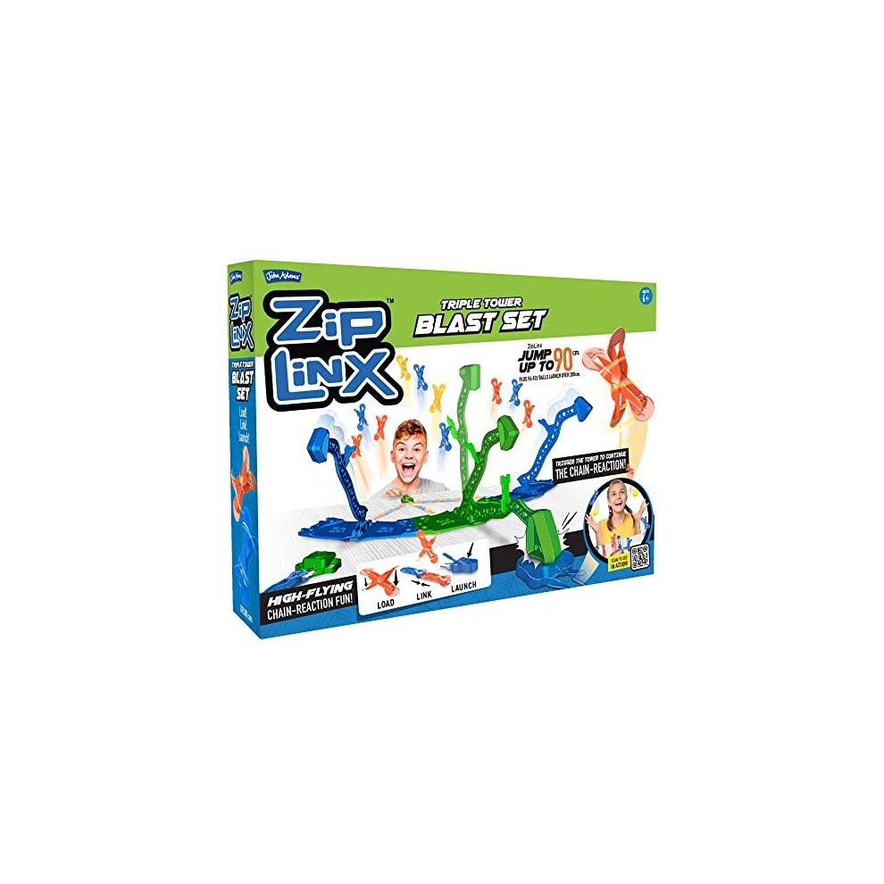 Brightly colored ZipLinx Power Tower Set Game featuring blue and green components, a child launching from a tower, and action-packed gameplay elements on the box.