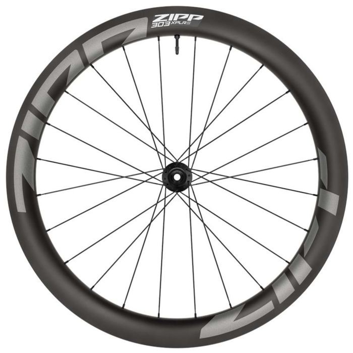 Zipp 303 XPLR S carbon disc brake rear wheel featuring a sleek black finish, aerodynamic shape, and distinctive silver Zipp branding on the rim.