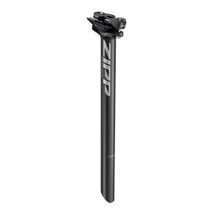 Black aluminum Zipp Service Course seatpost with zero offset, featuring a sleek design and a prominent Zipp logo, designed for 31.6 mm diameter bike frames.