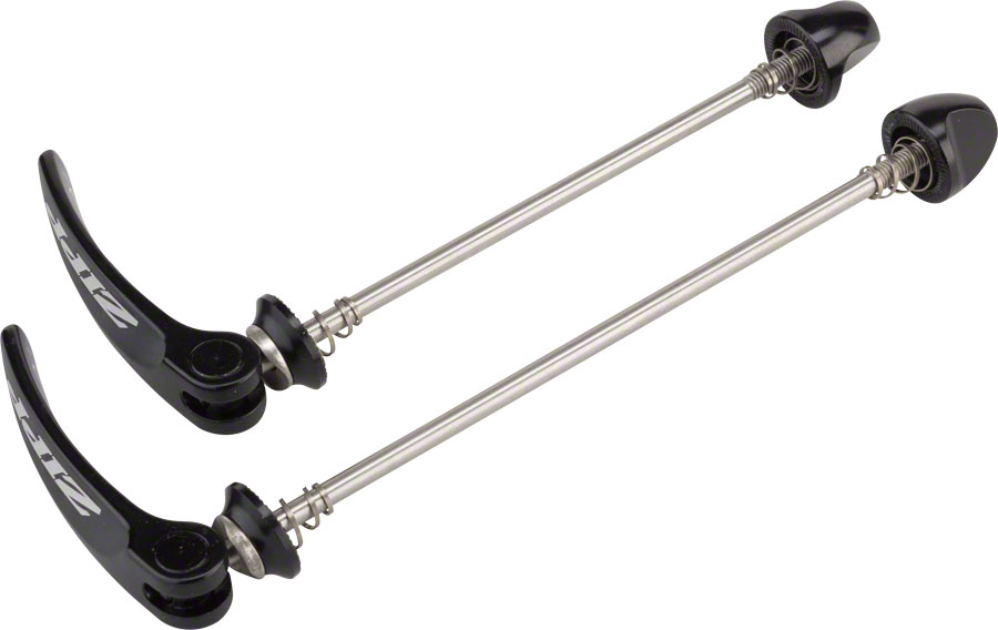 Black Zipp Tangente quick release skewers made of stainless steel, featuring sleek levers and springs, designed for 100mm and 130mm wheel sizes.