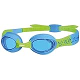 Blue and green Zoggs kids swimming goggles with blue lenses, UV protection, anti-fog, and easy adjust strap.