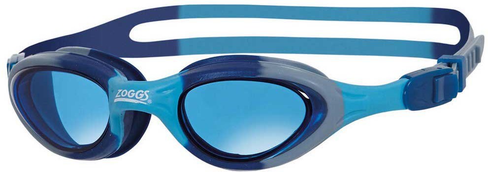 Blue Zoggs Super Seal kids swimming goggles featuring UV protection, quick adjust split yoke comfort strap, and fog-free clear lenses.