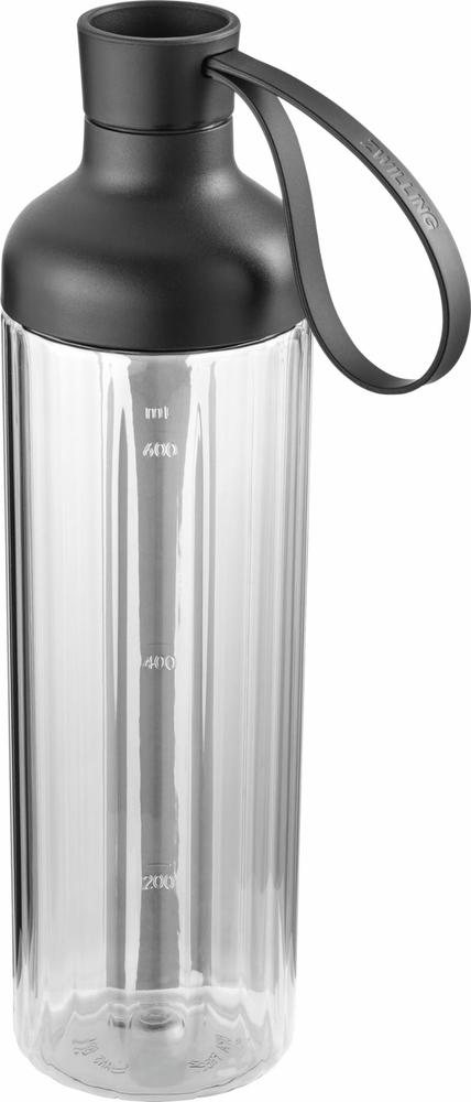 Clear glass jar with a black plastic lid and handle, featuring measurement markings on the side, designed for use with a personal blender.