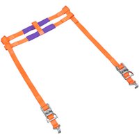 Orange Sealey motorcycle rear wheel tie down with purple padding and metal buckles.