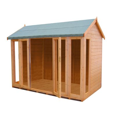 A wooden summer house with a green felt roof, featuring bi-fold doors and a natural wood finish, measuring 10'3" x 6'5", ideal for outdoor relaxation.