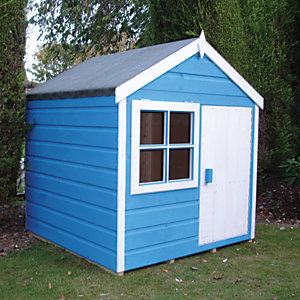 Blue wooden playhouse with a sloped roof, white door, and four windows, measuring 4' x 4' (1.19m x 1.19m), set in a garden area surrounded by greenery.