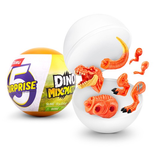 A colorful orange and yellow capsule labeled "5 Surprise" opens to reveal various orange dinosaur parts, including a head and flexible segments, made of plastic.