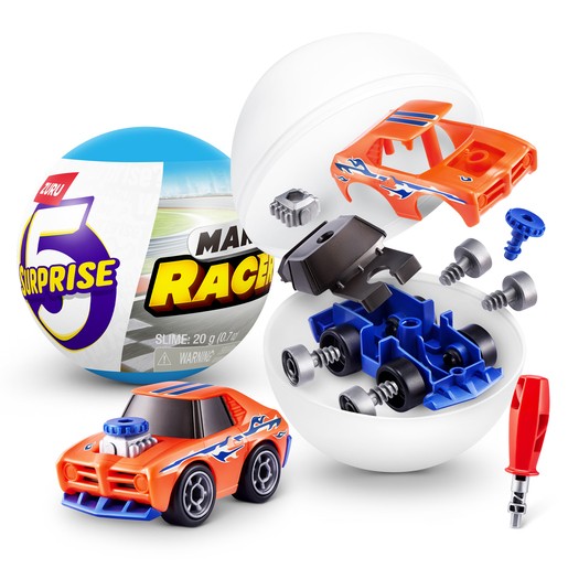 Colorful orange toy car parts, including a body and wheels, along with screws and a screwdriver, inside a white capsule with a vibrant "5 Surprise" label.