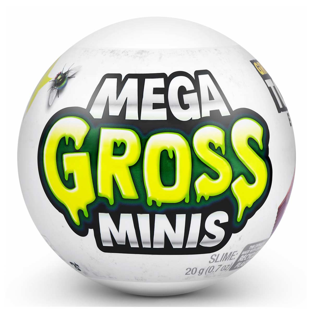 White capsule with vibrant green "MEGA GROSS MINIS" text, featuring slime drips and a small fly graphic, indicating a mystery toy inside.