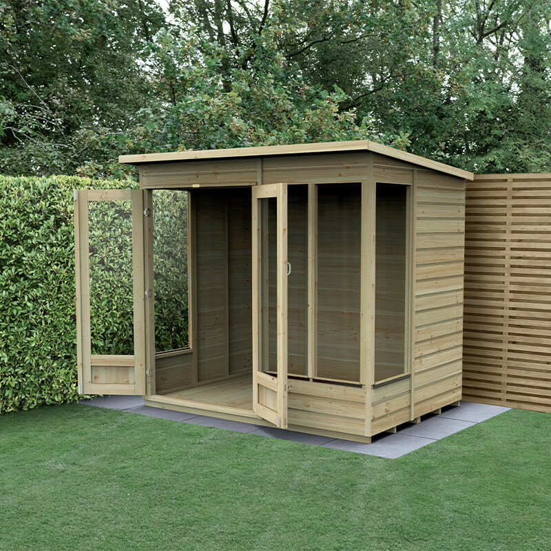 A wooden pent summer house with double doors, featuring a natural wood finish, large windows, and a slanted roof, set in a green garden with hedges and a wooden fence.